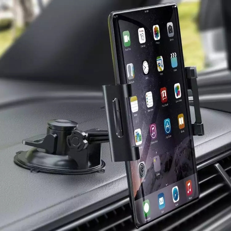Car dashboard tablet holder with suction cup, black adjustable stand for phones/tablets