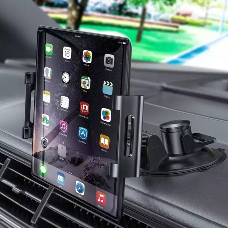 Black dashboard tablet holder with suction base and side clamp cradle