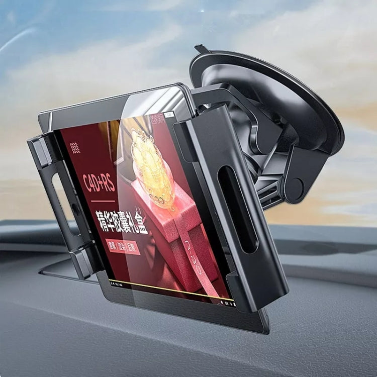 Black car dashboard tablet holder with suction cup and vertical cradle