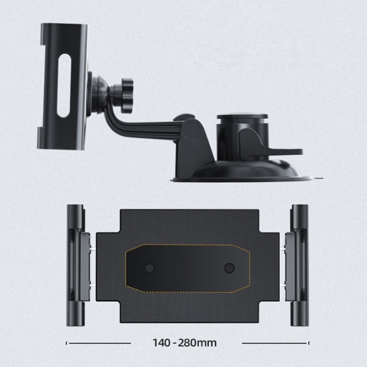 Car dashboard tablet holder with adjustable arms and suction base for 140–280mm tablets