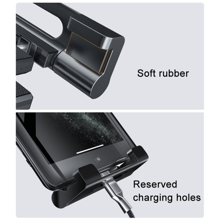 Car dashboard tablet holder with soft rubber grip and reserved charging cutouts on tray