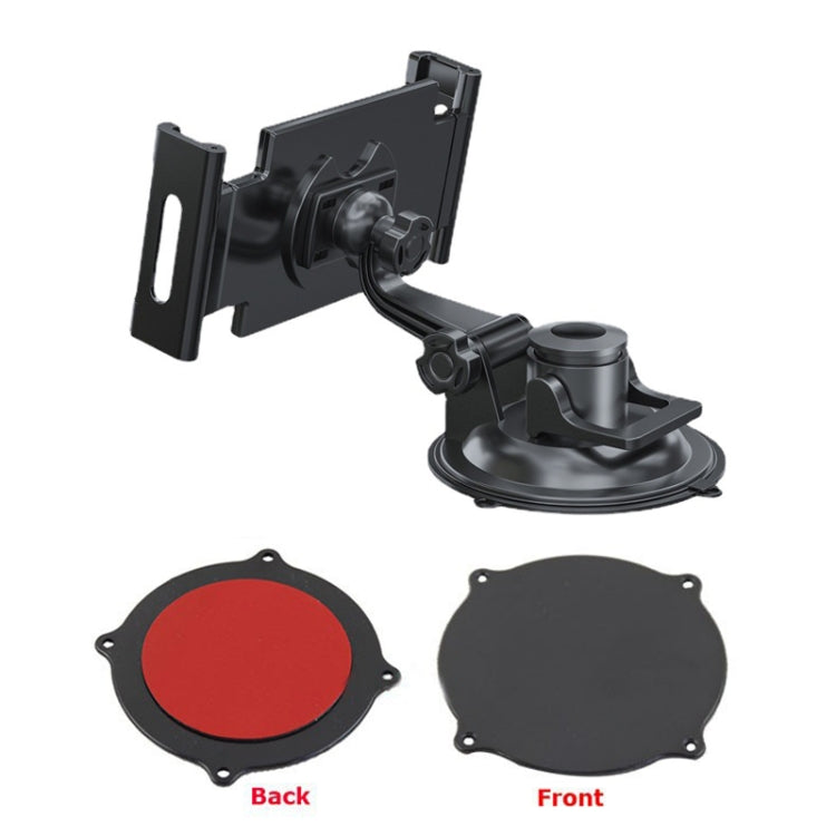 Car dashboard suction tablet mount with adjustable holder and removable front/back covers.