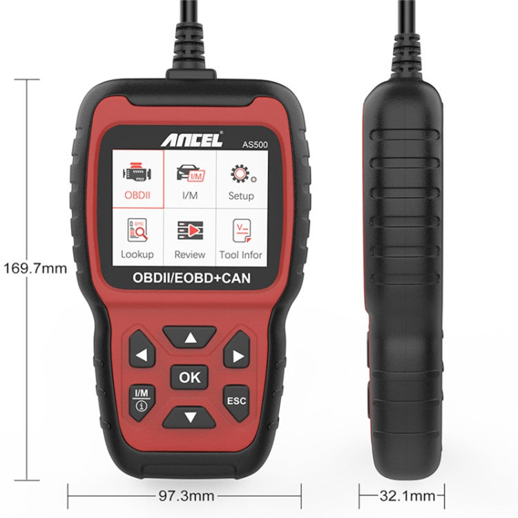 Ancel AS500 handheld OBDII/OBD-CAN car diagnostic scanner, red and black