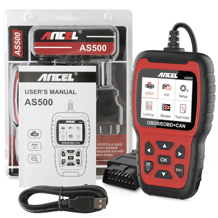 Ancel AS500 OBDII/OBD-CAN scan tool kit with user manual and cable