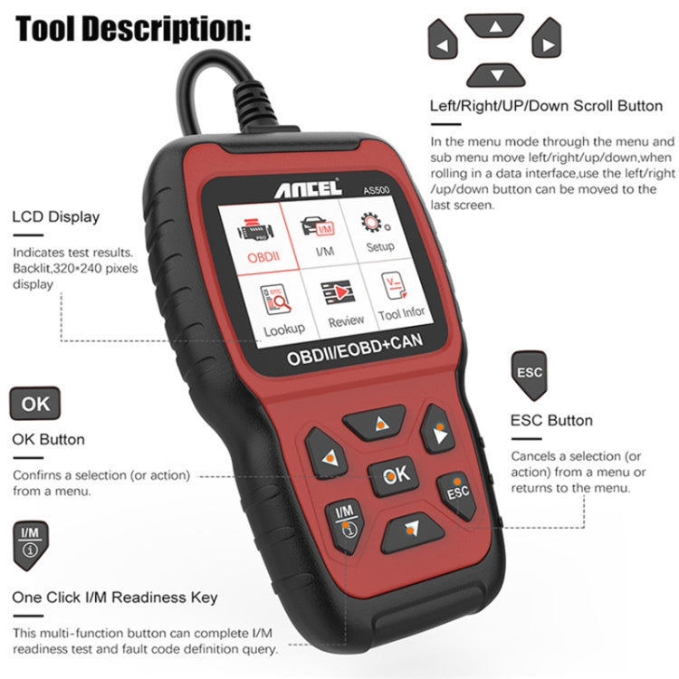 Ancel AS500 OBDII/OBD-CAN scan tool with buttons and LCD display