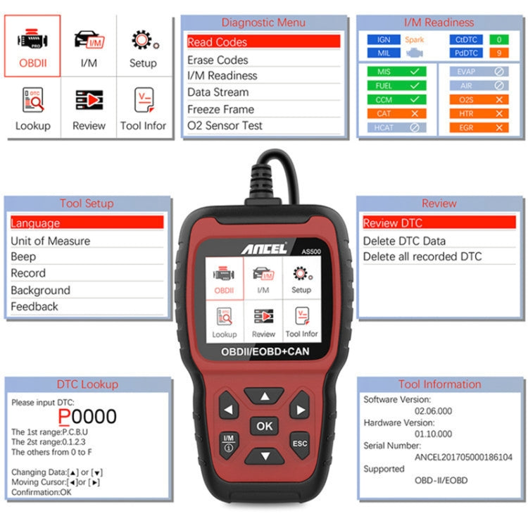 Ancel AS500 OBDII/OBD-CAN scanner with diagnostic menu and screen options