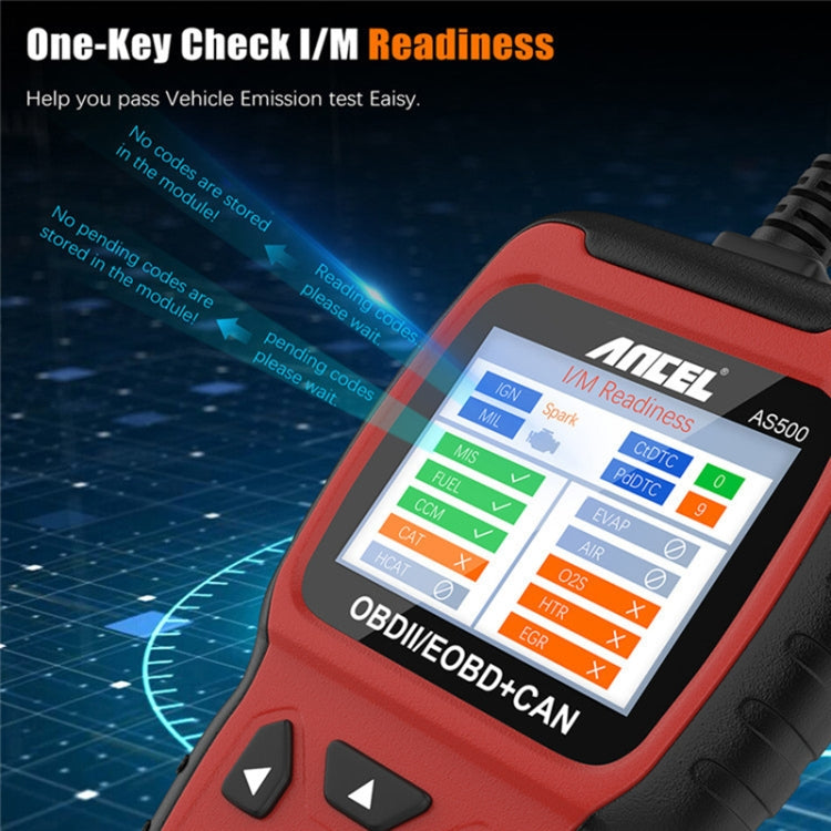Ancel AS500 OBDII/OBD-CAN scanner with I/M readiness status screen