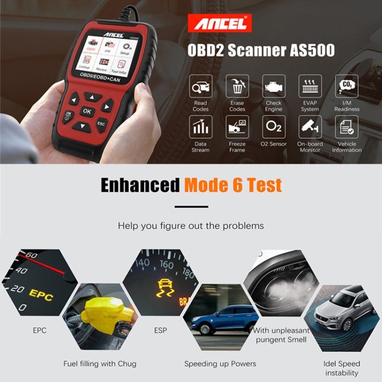 Ancel AS500 OBD2 scanner held in hand, red and black handheld unit