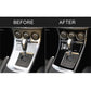 Split view of right-drive AC gear frame sticker on console, before and after