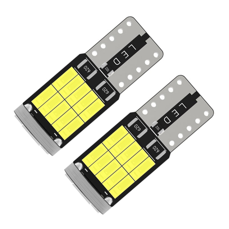 Two T10 LED bulbs with yellow rectangular LED arrays and metal base pins