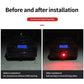 Triangle LED tail light shown before and after installation, red brake glow