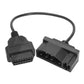 OBD II adapter cable with 7-pin and 16-pin plugs, black, side view
