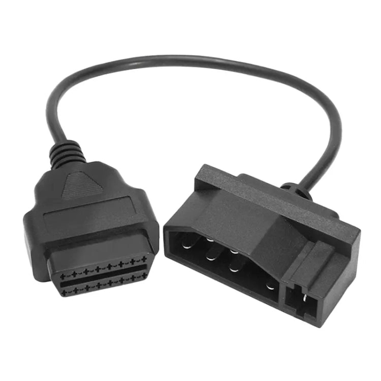 OBD II adapter cable with 7-pin and 16-pin plugs, black, side view