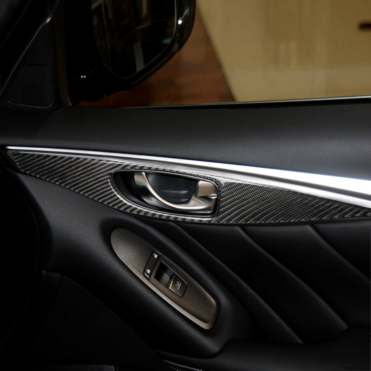 Installed black carbon fiber door handle trim panel for Infiniti interior