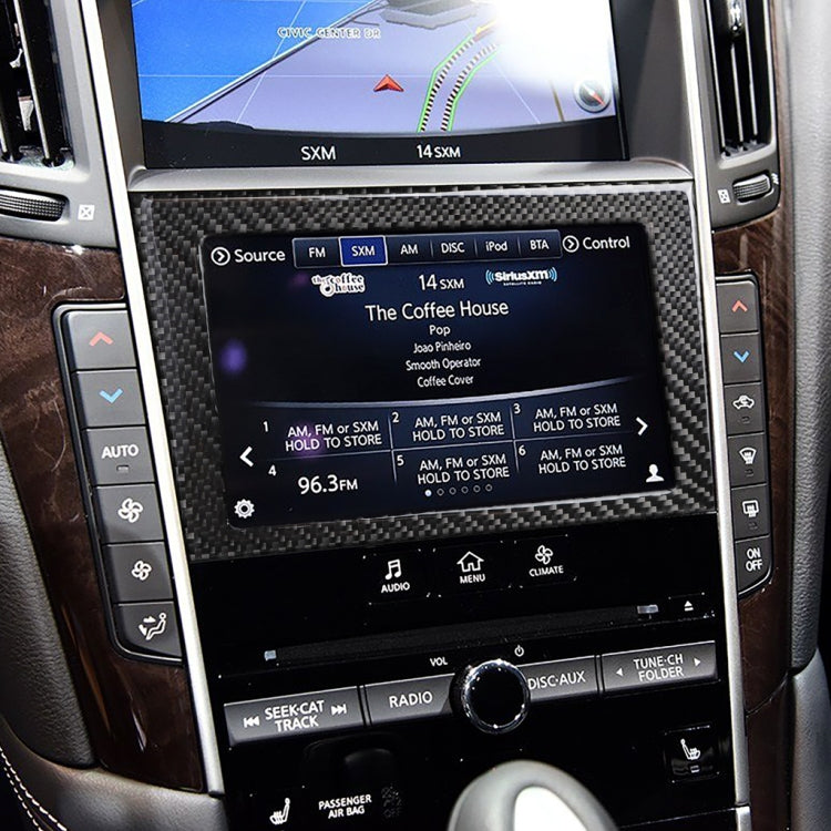 Installed carbon fiber-look navigation frame around car media screen, dark gray weave