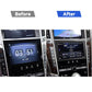 Dashboard before-and-after showing installed carbon fiber-look navigation frame, dark gray