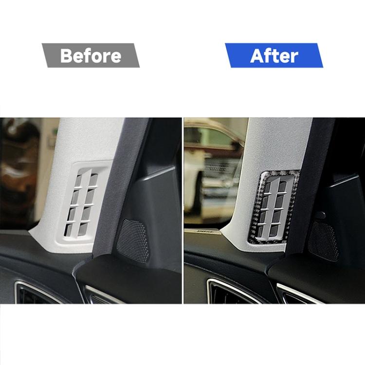 Before-and-after view of carbon fiber-look A-pillar air outlet frame trim installed