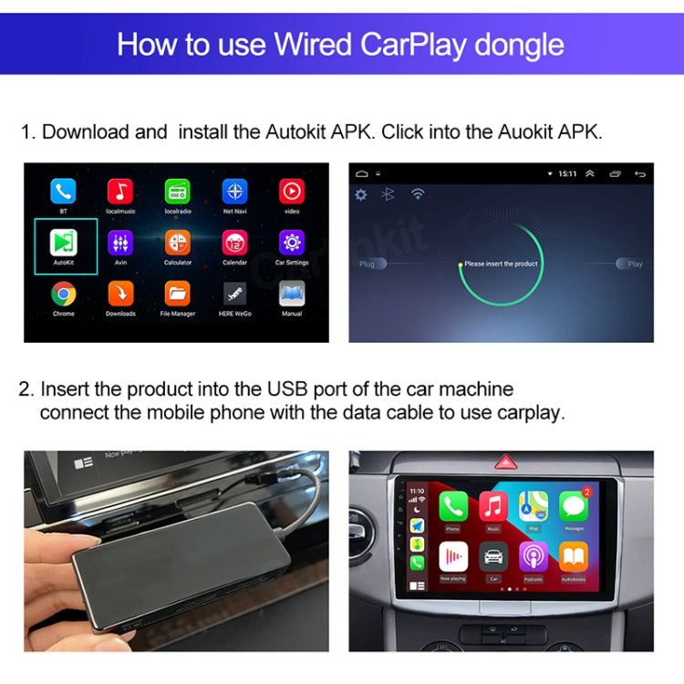 Wired CarPlay setup instructions showing adapter inserted into car USB port
