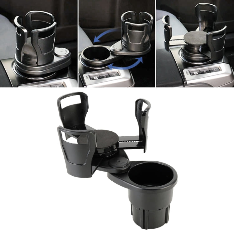 Universal car cup holder with dual drink slots and adjustable clamp, black plastic.