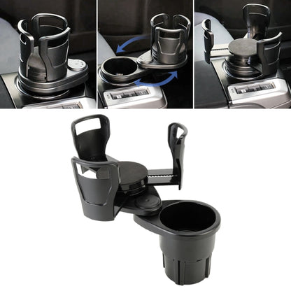 Universal car cup holder with dual drink slots and adjustable clamp, black plastic.