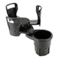 Black universal car cup holder with two open holders and side bottle cup grips.