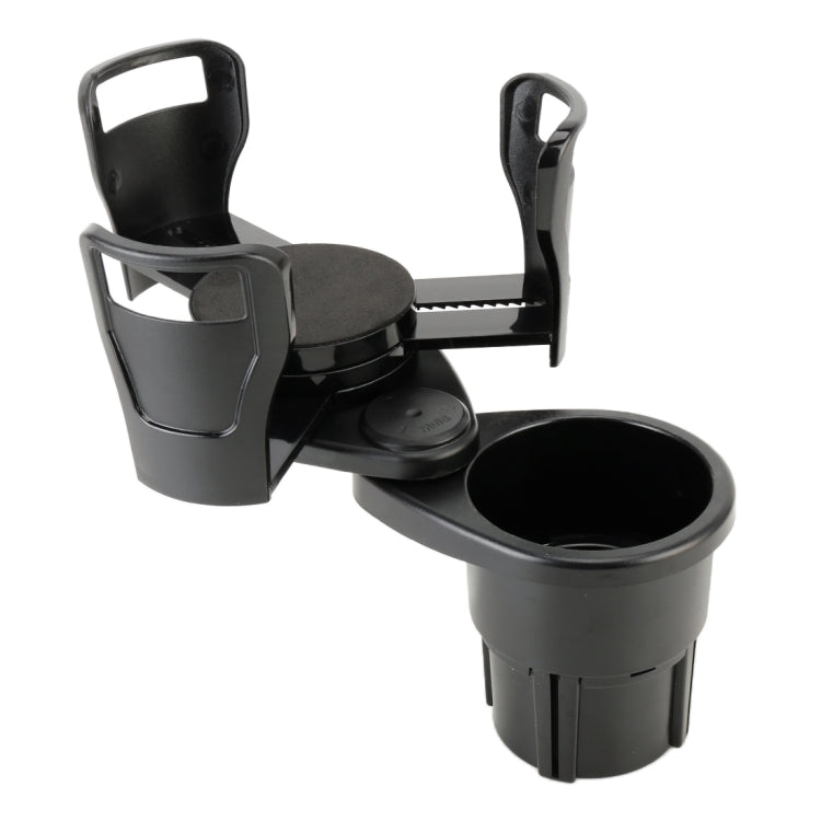 Black universal car cup holder with two open holders and side bottle cup grips.