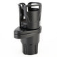 Black universal car cup holder with upright bottle holder and circular base, plastic.