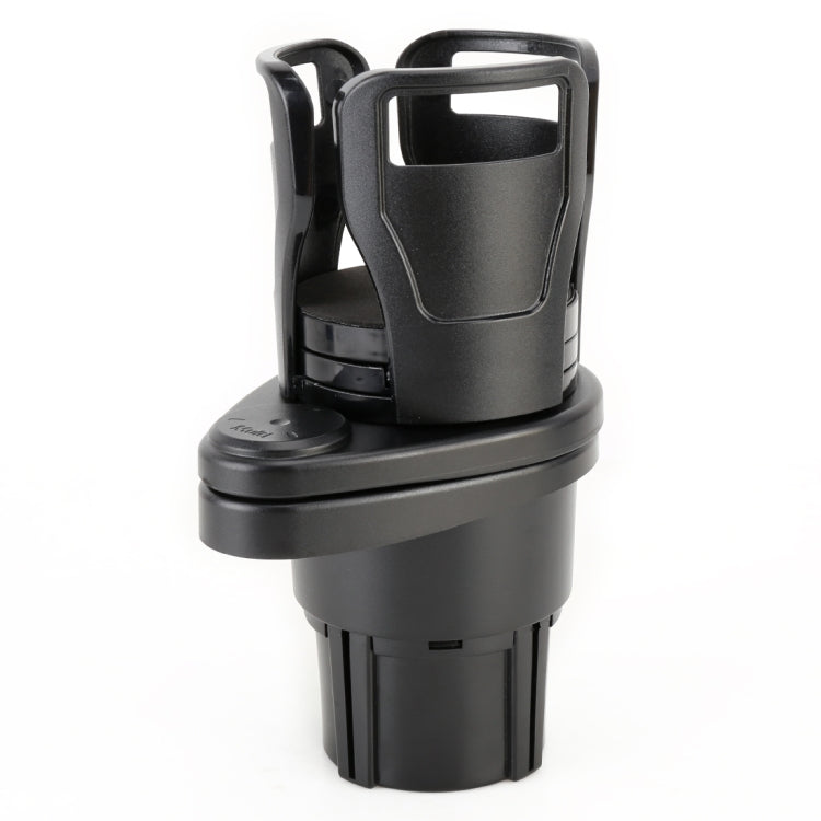 Black universal car cup holder with upright bottle holder and circular base, plastic.