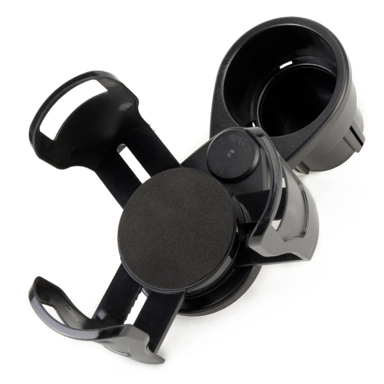 Black universal car cup holder with wide cup well and hinged bottle holder arm.