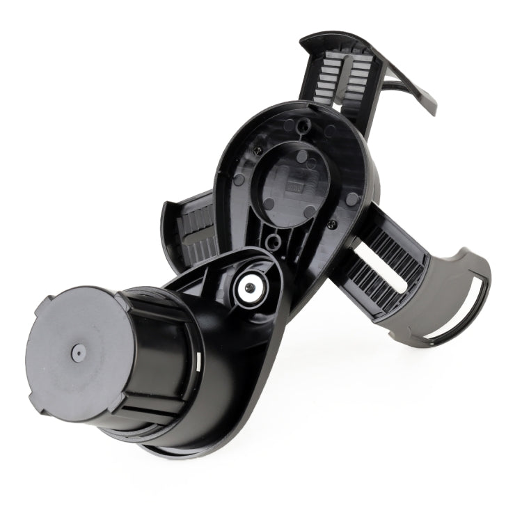 Black universal car cup holder with adjustable mounting arms and base cups, plastic.