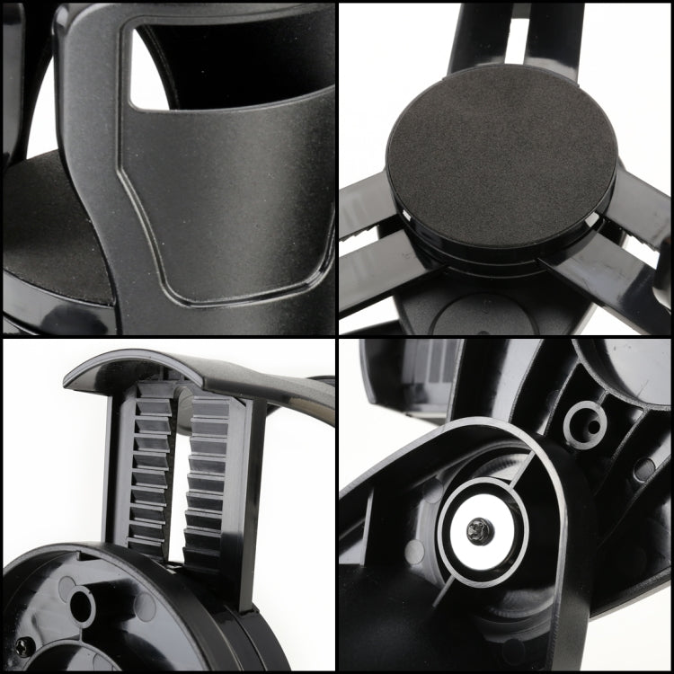 Black universal car cup holder close-up of cup slot and mounting hardware details.