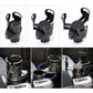 Black universal car cup holder shown in multiple angles with cup and bottle openings.