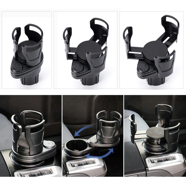 Black universal car cup holder shown in multiple angles with cup and bottle openings.