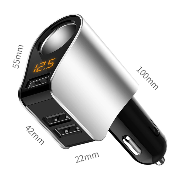 3-USB car charger adapter, silver top with digital volt display, black mounting plug