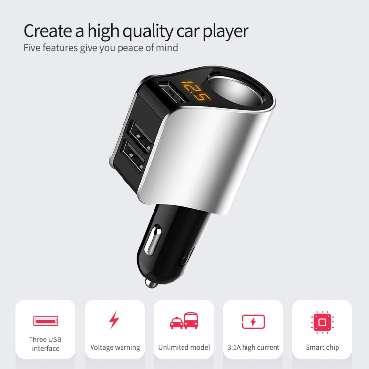 3-port car USB charger adapter with silver housing, black plug, and orange LED display