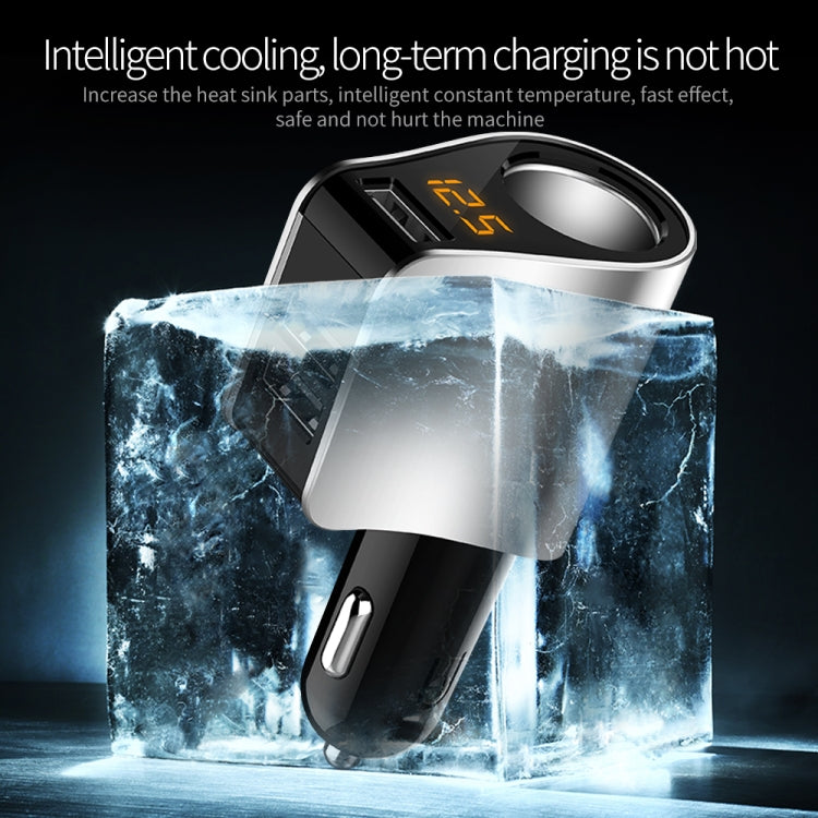 Silver car USB charger adapter with 3 ports, orange LED display, and black plug