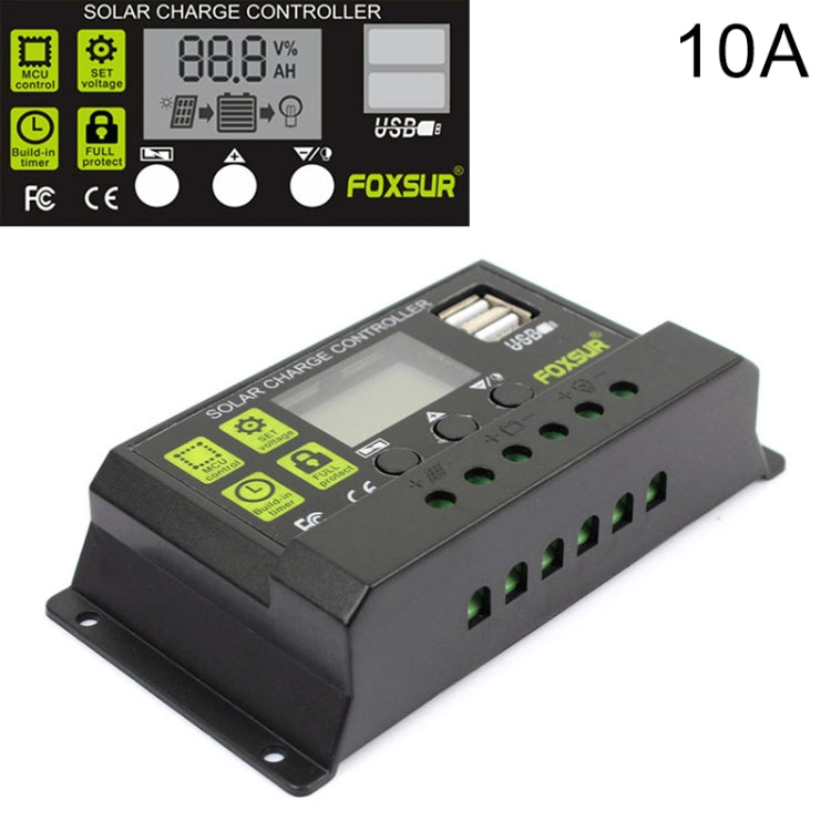 FOXSUR 10A solar charge controller with LCD display and USB port, front panel view