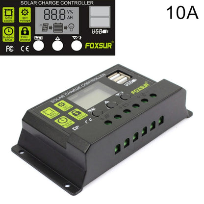 FOXSUR 10A solar charge controller with LCD display and USB port, front panel view