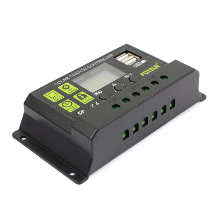 FOXSUR 10A solar charge controller, dark housing with front connector ports