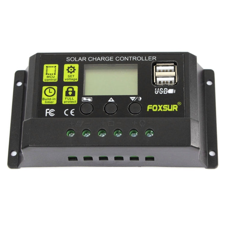 FOXSUR 10A solar charge controller front with LCD, USB, and indicator LEDs