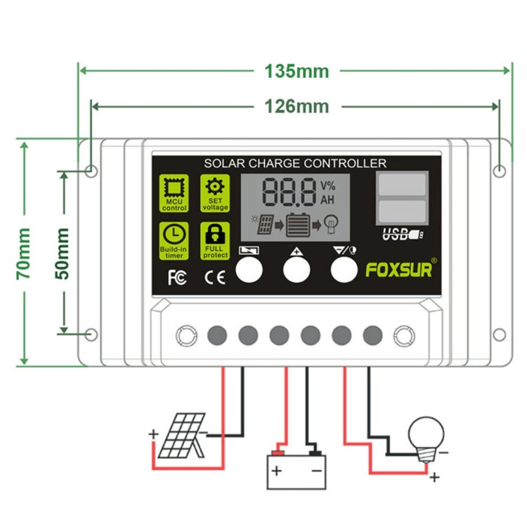 FOXSUR 10A solar charge controller size diagram with dimensions and wiring illustration
