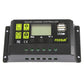 Black solar charge controller front panel with LCD, buttons, and green terminal row