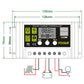 Solar charge controller size diagram showing LCD screen and USB port layout