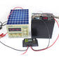 Solar charge controller with connected wiring to a solar panel and battery, LCD readout visible