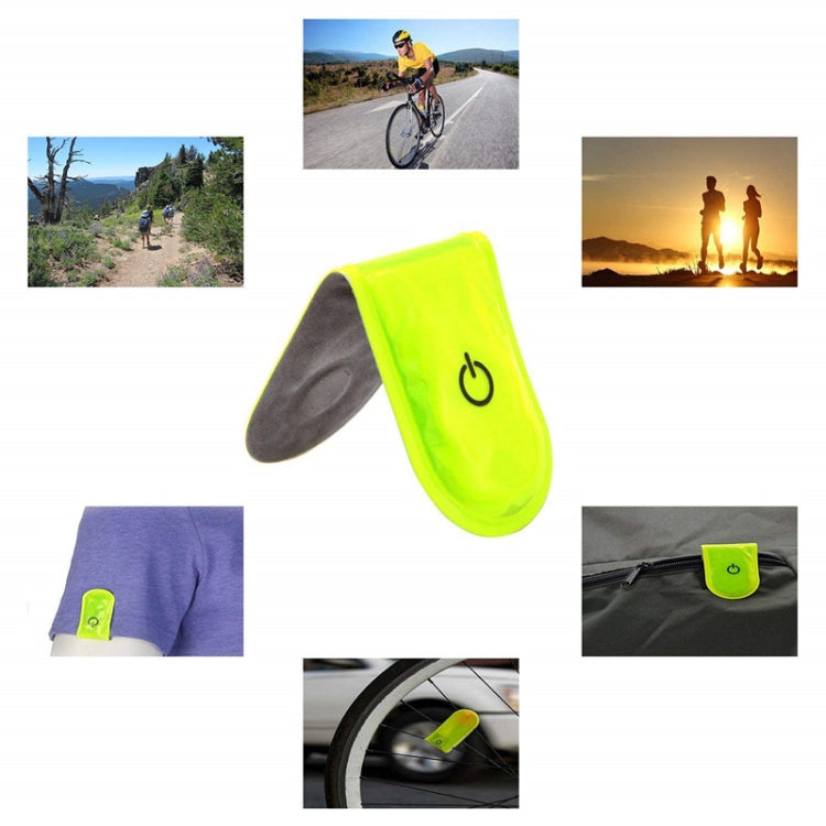 Green LED magnet clip safety light on gray fabric sleeve