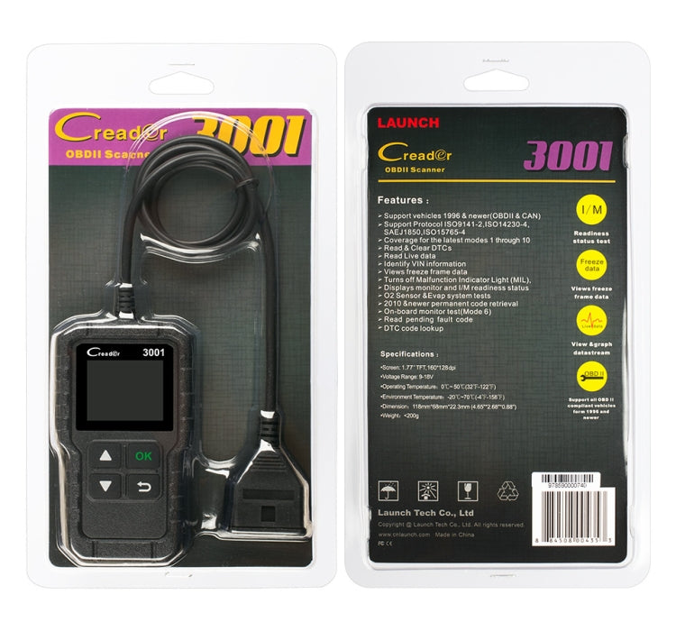 Handheld OBD2 code reader with color screen and cable, shown on retail packaging