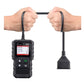 OBD2 diagnostic tool held by hands with OBD connector cable