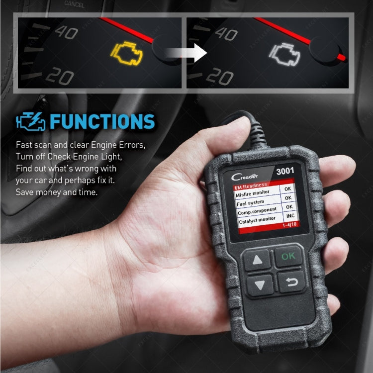 Handheld OBD2 scanner with color screen showing diagnostic function list