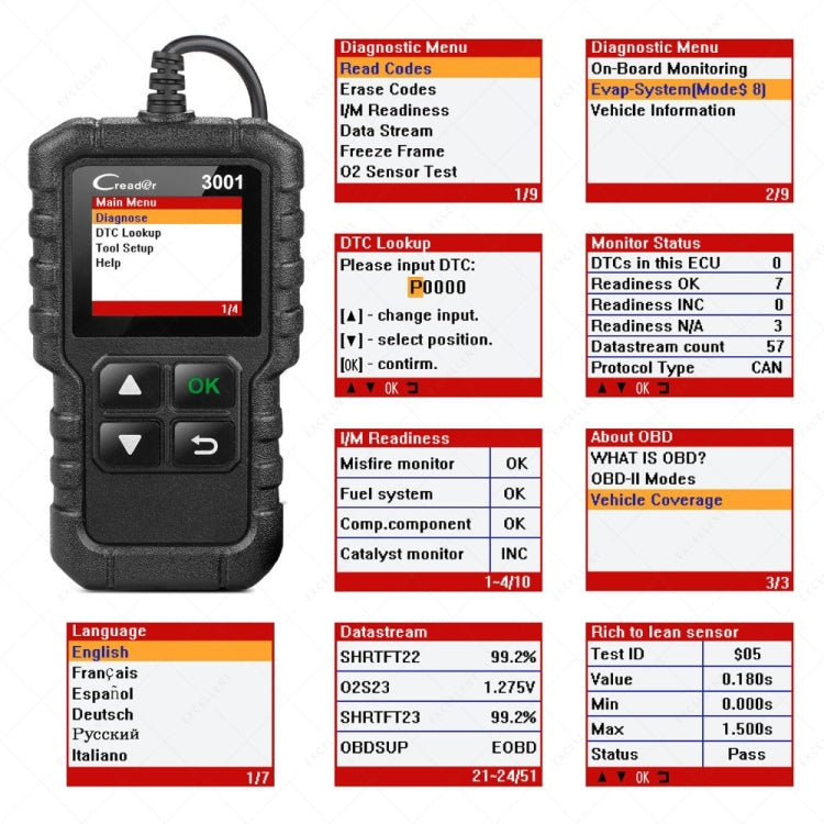 OBD2 code reader menu screens on color display with button controls