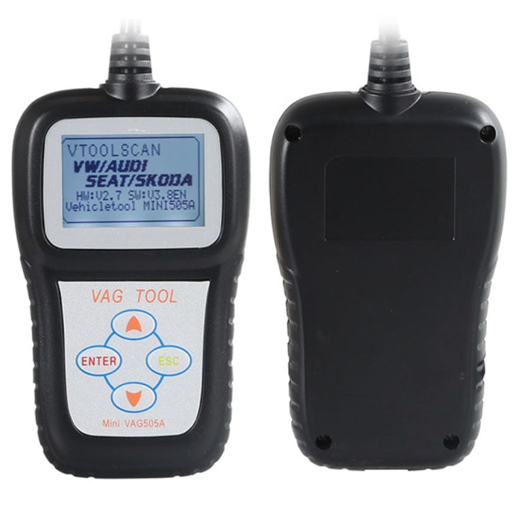 Vag505A mini code reader showing front screen and back housing with cable